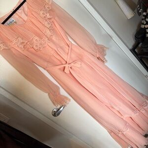 Jack Bryan Vintage pleated chiffon lace warm pink dress gown costume